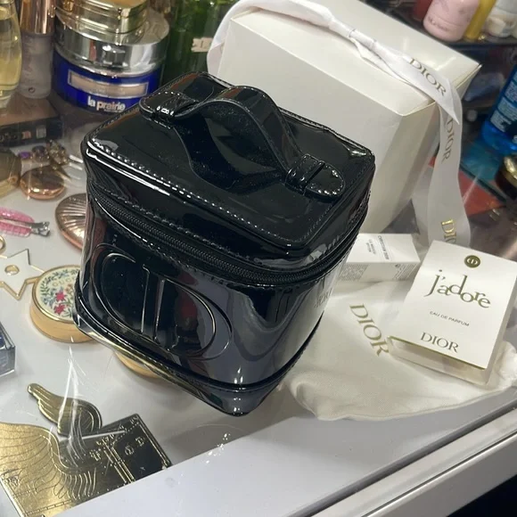 Dior Black Patent Makeup Train Case with White Gold-Logo ribbon & pouch
